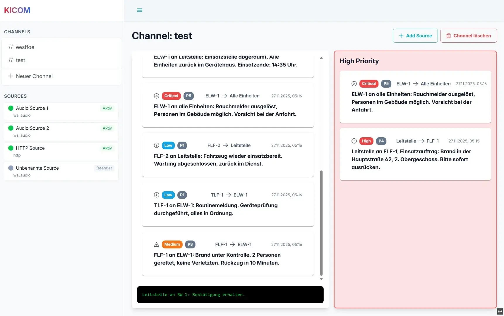 KICOM-Software Dashboard - Live Funkverkehr Anzeige mit automatischer Priorisierung für Feuerwehr